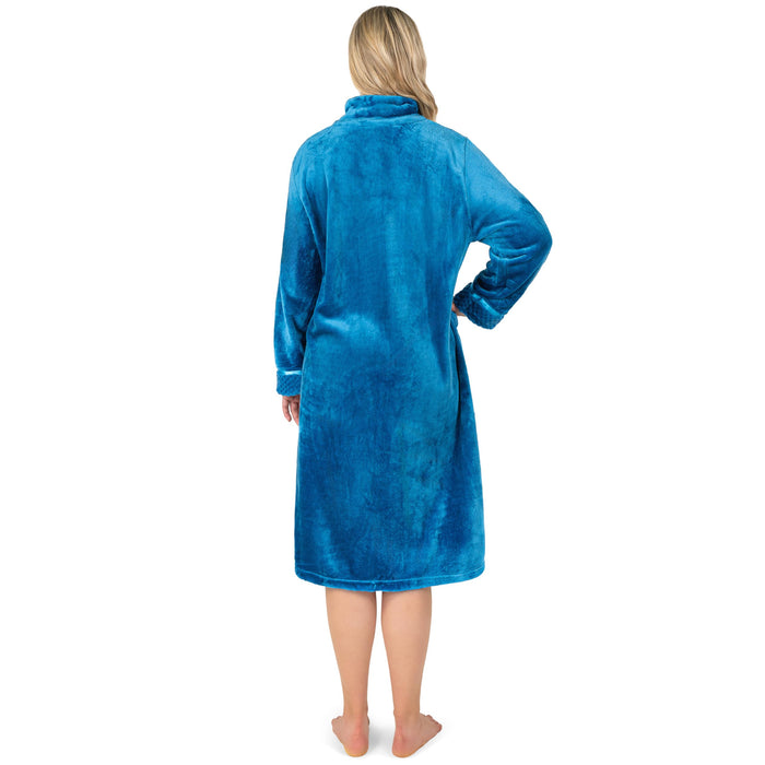 PAVILIA Womens Housecoat Zip Robe, Fleece Zip Up Front Robe Bathrobe, Plush Warm Zipper House Coat Lounger for Women Ladies Elderly with Satin Trim, Pockets, Long Plus Size - Teal Sea Blue (2x/3x)