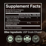 Lions Mane Mushroom Supplement - 50:1 Lion's Mane Liquid Extract Tincture & Phospholipid Liposomal Absorption Complex Drops - Promotes Focus, Memory & Mental Clarity - Made in USA - 4 Fl. Oz
