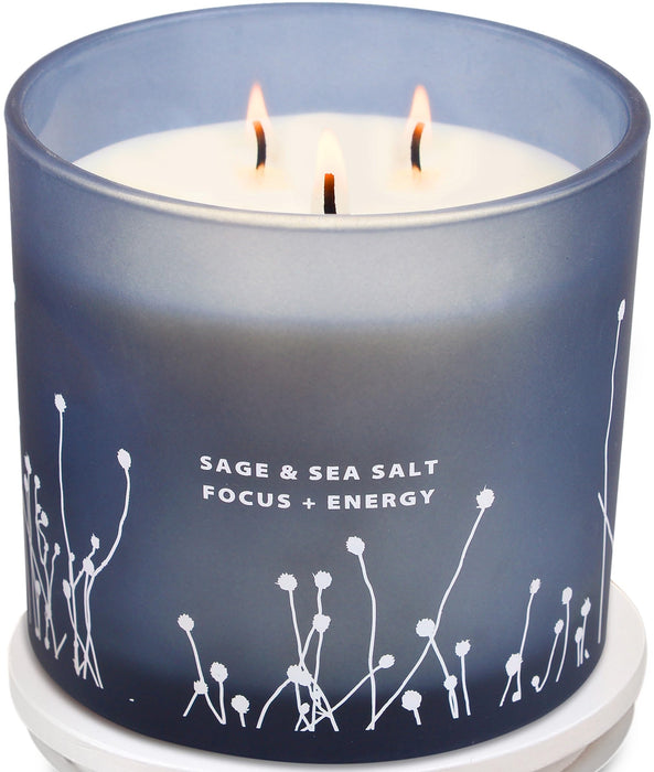 White Sage Sea Salt 3 Wick Candle 14.5 oz | Sage Candles for Cleansing House | Large Soy Candles for Home Scented | Aromatherapy Energy Cleansing Sage Scented Candles for Women & Men