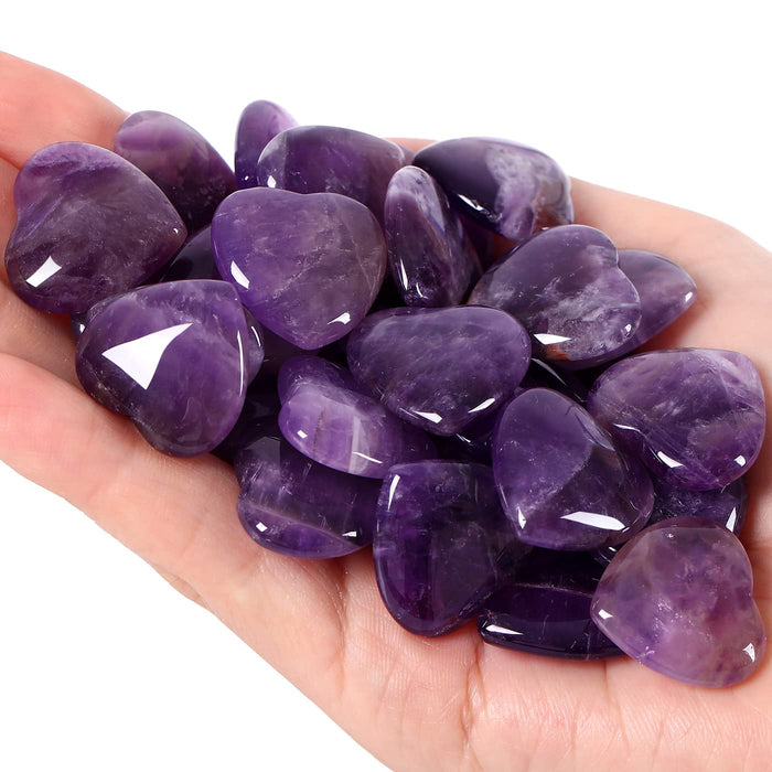 QINJIEJIE 20 PCS Natural Heart Amethyst Crystal Polished Healing Crystals Mini Cute Stones Pocket Healing Palm Love Gemstones Bulk Set Wholesale Reiki Energy Balancing Meditation Valentine's Day Gift