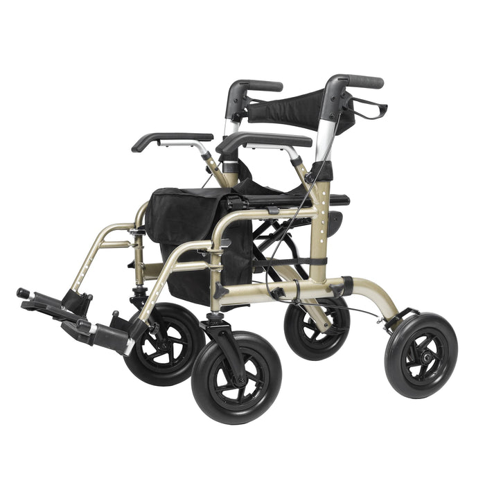 ELENKER All-Terrain 2 in 1 Rollator Walker & Transport Chair, Folding Wheelchair with All 10” Wheels for Seniors, Reversible Backrest & Detachable Footrests, Champagne