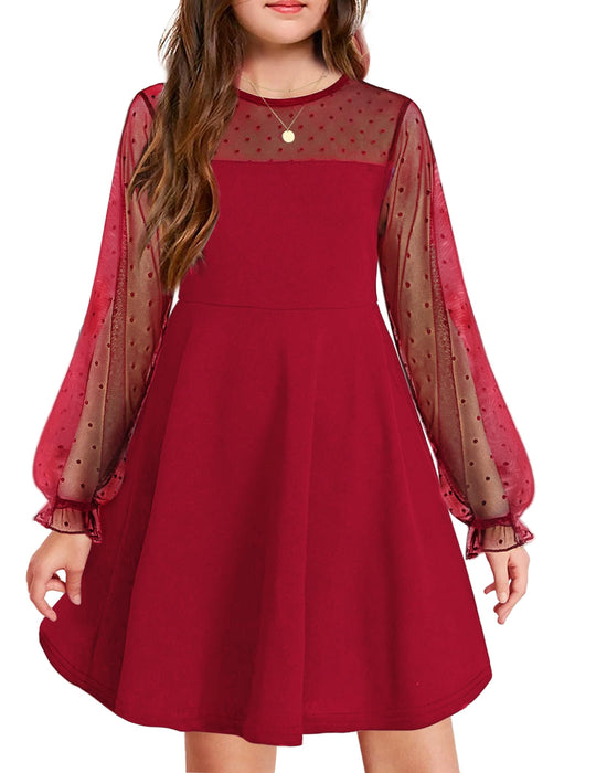 Arshiner Girl's Sheer Mesh Lantern Long Sleeve Red Christmas High Waist Elegant Party Short Dress 8-9 Years