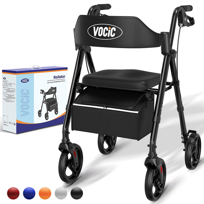 VOCIC Walkers for Seniors,Foldable Walker with Seat,Rollator Walker with Durable Aluminum,8" Big Wheels for All Terrain, Ergonomic Seat and Backrest,Dual Adjustable Height Rolling Walker| Inky Black