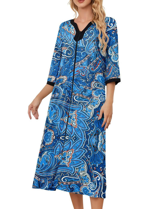 PITINAN Zipper Robes For Women Moo Moos For Women With Pockets Night Gown For Women House Coats For Elderly Women Loungewear Moomoo Dresses Blue Paisley M