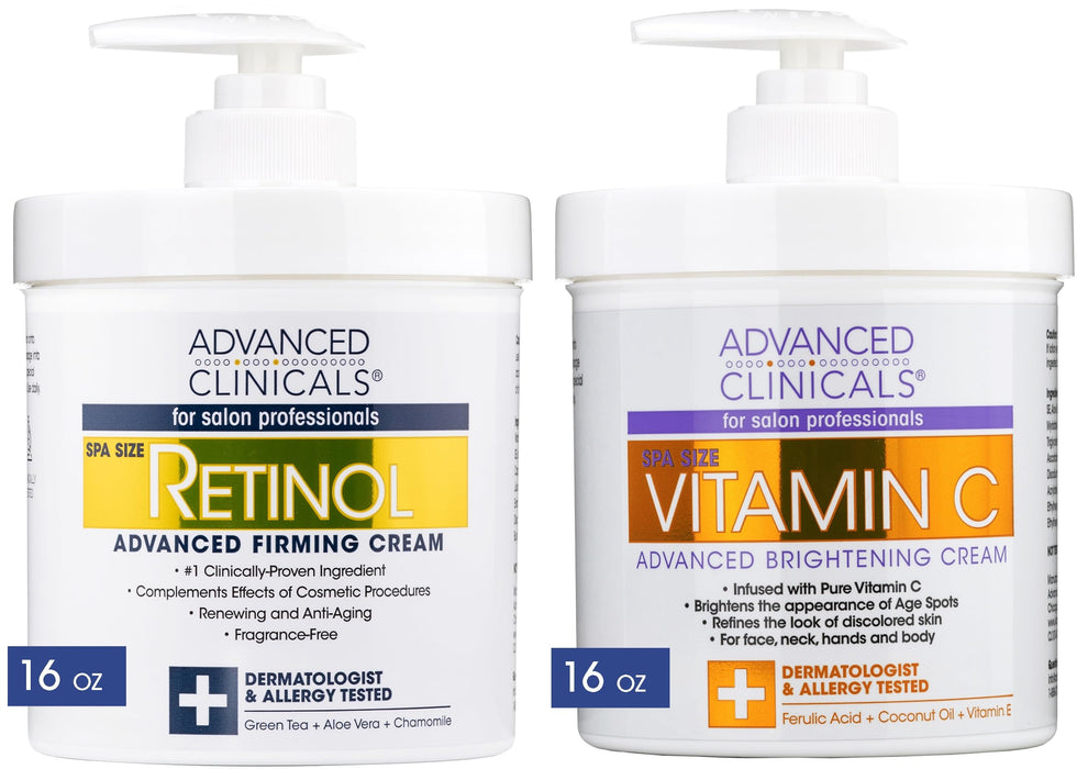 Advanced Clinicals Retinol Body Lotion + Brightening Vitamin C Cream 2pc Skin Care Set | Skin Tightening Body Moisturizer & Face Lotion | Crepey Skin Care Treatment | Skin Care Products, 2pc Set