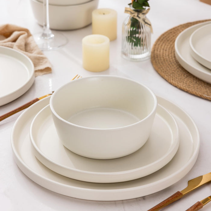 AmorArc Ceramic Dinnerware Sets for 4, Modern Flat Stoneware Plates and Bowls Sets,Chip and Crack Resistant | Dishwasher & Microwave Safe Dishes Set,Scratch Resistant- Service for 4 (12pc)-Matte Cream