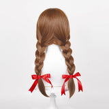 Long Brown Braided Wig for Women Girls with Red Ribbons, Brown Princess Wig with Bangs Pigtails + Wig Cap for Halloween Costume Cosplay