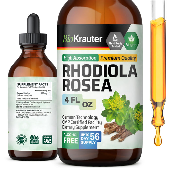 BIO KRAUTER Rhodiola Rosea Supplement Liquid - Organic Rhodiola Rosea Extract - Vegan Adaptogenic Drops for Mood & Brain Support - Alcohol & Sugar Free Rhodiola Tincture 4 Fl.Oz.