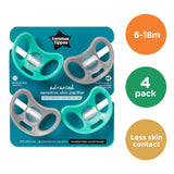 Tommee Tippee Advanced Sensitive Skin Soother, Unique Shield for Less Skin Contact, Symmetrical Orthodontic Design, 6-18m, Pack of 4 Dummies