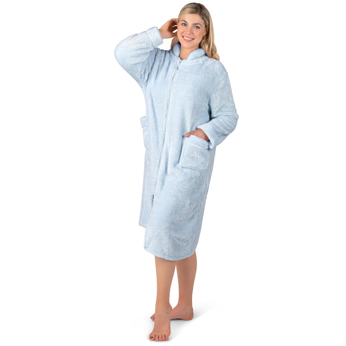 PAVILIA Womens Housecoat Zip Robe, Sherpa Zip Up Front Robe Bathrobe, Fuzzy Warm Zipper House Coat Lounger for Women Ladies Elderly with Pockets, Fluffy Fleece Long - Light Blue (Large/X-Large)