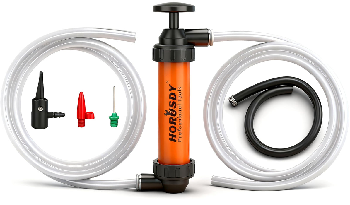 HORUSDY Multi-Use Siphon Transfer Pump Kit Hand Fuel Pumps for Gas Oil Water with Air Hose, Portable Manual Fuel Transfer Pump for Boat, Car, RV, Emergency, Lawn Mower Fluid Drainage