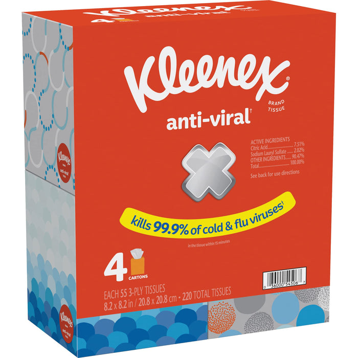 Kleenex Anti-Viral Facial Tissues, Classroom or Office Tissue, 4 Cube Boxes, 55 Tissues per Box, 3-Ply (220 Total Tissues)