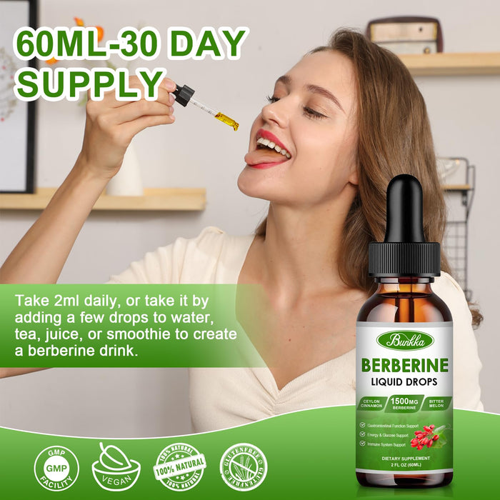 Berberine Supplement 1500mg, Organic Berberine Liquid Drops with Ceylon Cinnamon, Bitter Melon, Sugar-Free & Vegan Supplement Supports Immune System & Gastrointestinal Care - 4 FL Oz