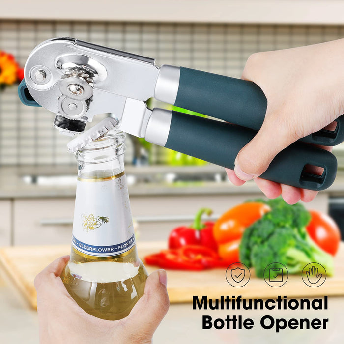 Can Opener Manual with Magnet and Sharp Blade Smooth Edge, Handheld Openers with Big Effort-Saving Knob, Can Opener with Multifunctional Bottles Opener, Green