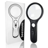 SeeZoom Lighted Magnifying Glass 3X 45x Magnifier Lens - Handheld Magnifying Glass with Light for Reading Small Prints, map, Coins and Jewelry - LED Magnifying Glass