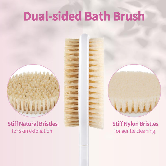 Back Scrubber Body Shower Brush: Anti Slip Long Handle Bath Brush with Stiff and Soft Bristles - Showering Exfoliator for Women, Men, Elderly (Pink)