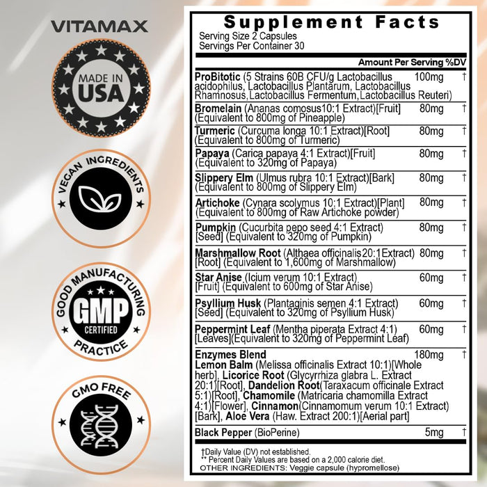 Vitamax 60B Probiotic Digestive Gut Health Supplement - Slippery Elm, Coriander, Papaya, Turmeric, Ginger, Psyllium Husk, Licorice, Marshmallow Root - Men & Women - Made in USA (60 Count (Pack of 2))