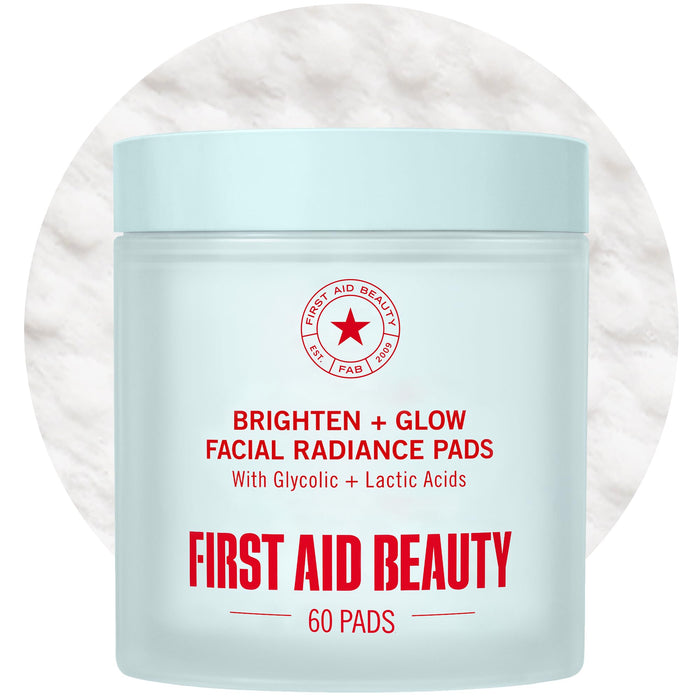 First Aid Beauty - Facial Radiance Pads with Glycolic & Lactic Acids, Daily Exfoliating Pads with AHA, Visibly Smaller Pores, Help Tone & Brighten Skin, One-Step Makeup Prep, Compostable, 60ct