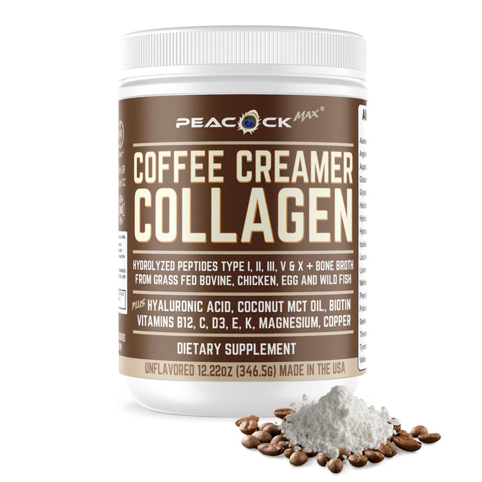 Peacock Max Collagen Keto Creamer Coconut MCT Peptides 12.22 oz Unflavored Protein Powder Hydrolyzed B12 Magnesium