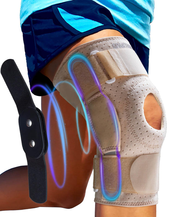 Sparthos Knee Brace - Relieves ACL, MCL, Meniscus Tear, Arthritis, Tendons Pain - Open Patella Design with Dual Hinges - Patellar Compression Support, Plus Size Fit - For Men and Women (Beige-XXXL)