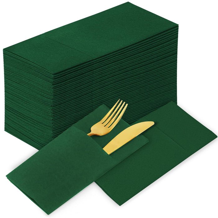 KAMMAK Dark Green Napkins Disposable with Pocket Cloth Like Dinner Paper Napkins Folded 100 Pack Paper Napkins Bathroom Hand Paper Guest Towel for Party Christmas Wedding Reception (16.5 x 16.5 inch)