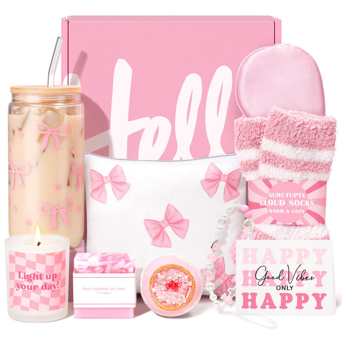 Gift Baskets for Women, 9pcs Birthday Gifts for Teenage Girls, Best Christmas Ideas Box w/Coquette Bow Aesthetic Cup Trendy Stuff for Her Teen Girl Sister Friend Friendship Sweet 16th 18th 21st Bday