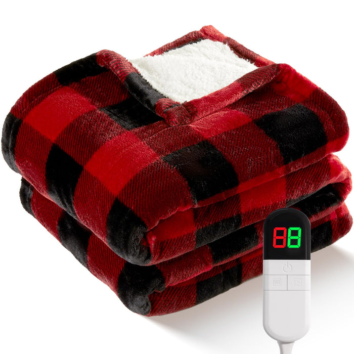 Electric Heated Sherpa Buffalo Plaid Christmas Throw Blanket with 8 Heating Levels & 8 Hours Auto Off, Fast Heating Warm Plush Washable Blanket with Over-Heat Protection, ETL Certification, Red