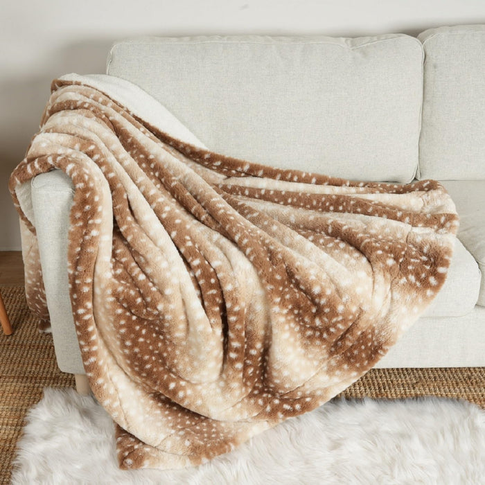 COZY KISS Faux Fur Christmas Deer Print Blanket for Couch, 50x60 inch Brown