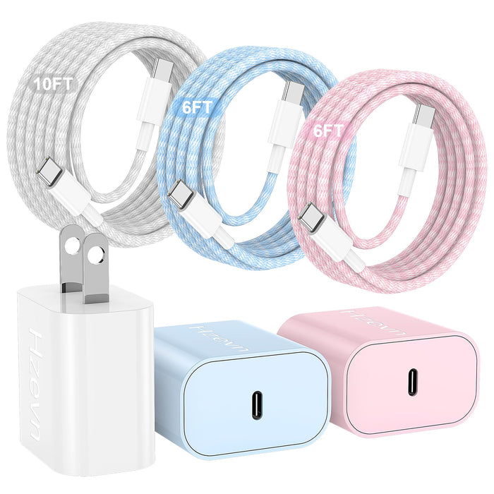 20W USB C Fast Charging for iPhone 18 Duo/17 Air/Pro/Pro Max,3Pack Colorful Mixed Charger Block with Braided Long USB C to C Cables (6/6/10ft) Compatible with iPhone 16/15 Pro/Plus/iPad Pro/Air/mini