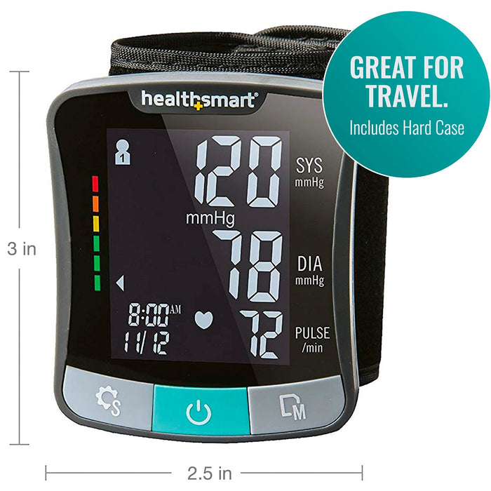 HealthSmart Digital Premium Wrist Blood Pressure Monitor with Cuff That Measures Pulse Heartbeat and High or Low BP, 120 Reading Memory Stores Up to 60 Readings for 2 Users