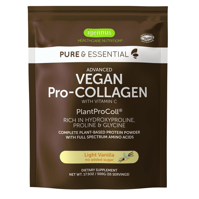 Advanced Vegan Vanilla Collagen Peptide Powder, Enhanced with Glycine, Proline & Hydroxyproline & Cofactor Vitamin C, Non GMO, Vegetarian Plant Based Collagen Powder Booster, 35 Servings, by Igennus