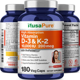 NusaPure Vitamin K2 (MK7) (200mcg) + Vitamin D3 (10000 IU) 180 Veg Caps - Bioperine, Soyfree, Non-GMO