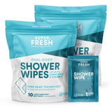 Super Fresh FunkBlock Shower Wipes - Large Body Wipes for Hygiene, Camping Wipes, Gym & Travel. No Rinse Bathing Wipes with Aloe & Vitamin E. Unscented. Bag of (20) Individually Wrapped Wipes