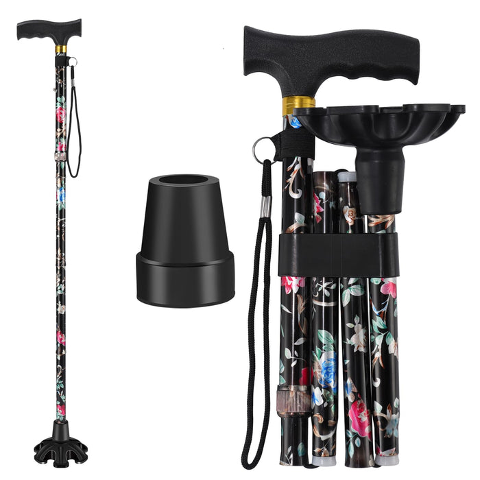 Walking Cane ATMTV Cane for Woman | Mobility & Daily Living Aids | 5-Level Height Adjustable Walking Stick | Comfortable Plastic T-Handle Portable Folding Cane with Replace Tip Black Print