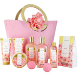 Spa Luxetique Gifts for Women - 10pc Rose Gift Basket, Deluxe Spa Tote Bag Bath Set with Wooden Handle, Bath Salt, Hand Soap, Body Butter, Mothers Day Gift Sets, Mothers Day Gifts for Mom