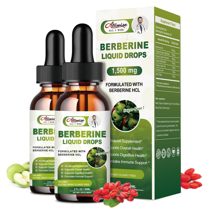 Alliwise 2 Pack Berberine Supplement Liquid Drops for Immune System & Digestive System Supports -Premium Berberine HCL 1500mg with Pure Ceylon Cinnamon -4 Fl Oz