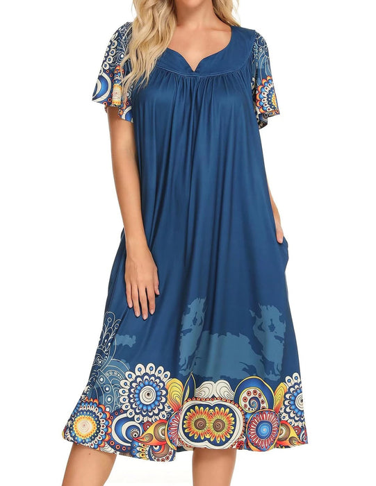 Bloggerlove Mandalas House Dresses for Women with Pockets Summer Mumu Duster Housecoat Women Elderly Robes Short Sleeve Patio Dress Nightgowns Cotton