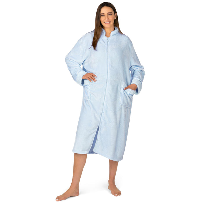 PAVILIA Womens Housecoat Zip Robe, Fleece Zip Up Front Robe Bathrobe, Plush Warm Zipper House Coat Lounger for Women Ladies Elderly with Satin Trim, Pockets, Long Plus Size - Light Blue (2x/3x)