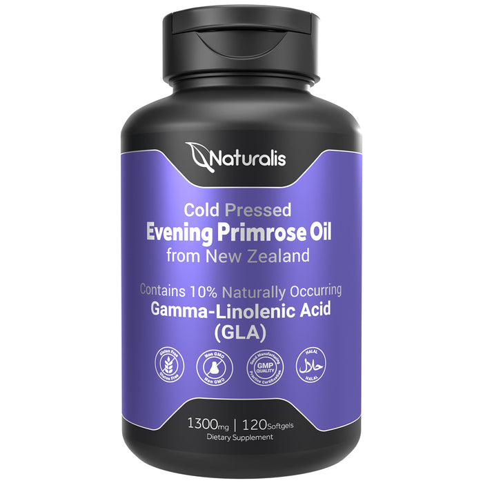 Naturalis Evening Primrose Oil (1300mg) | 100% Natural from New Zealand | Non-GMO, Soy & Gluten Free, Zero Filler | 120 Softgels