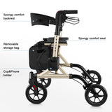 WALK MATE Rollator Walker for Seniors with Cup Holder, Upgraded Thumb Press Button for Height Adjustment, 4 x 8" Wheels Walker with Seat Padded Backrest Folding Lightweight Walking Aid, Gold