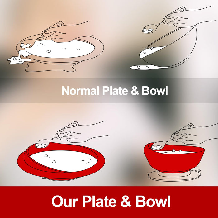 Hushee 3 Sets Spill Proof Scoop Bowl and Plate Set with Suction Base Adaptive Self Feeding Dinnerware for Elderly Disabled Handicapped from Parkinsons, Dementia, Stroke, Tremors (Red)