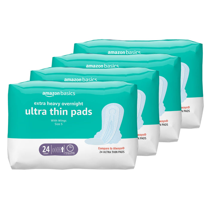 Amazon Basics Ultra Thin Pads with Flexi-Wings for Periods, Extra Heavy Overnight Absorbency, Unscented, Size 5, 96 Count, 4 Packs of 24 (Previously Solimo)