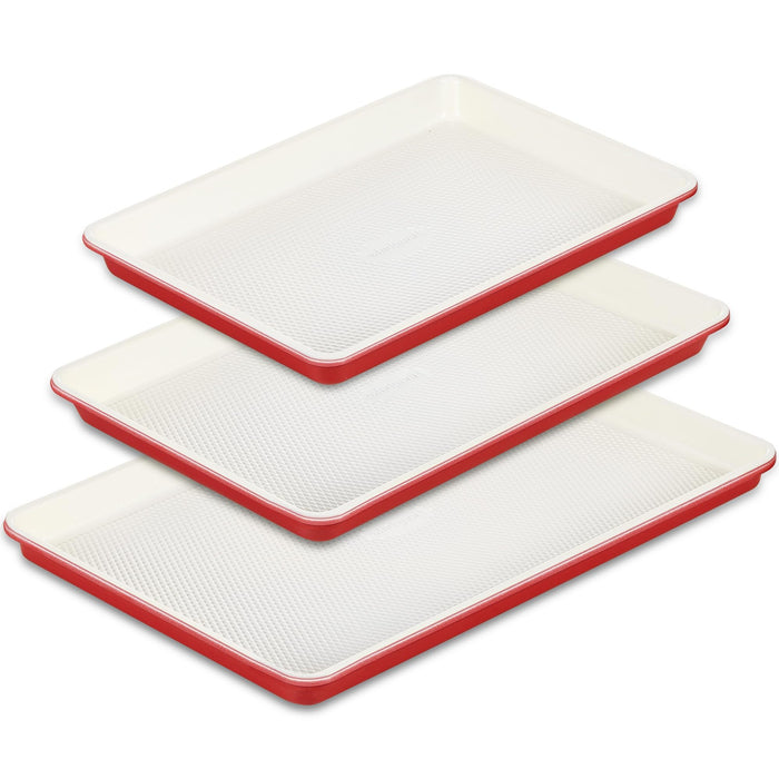 HONGBAKE 3 Pack Nonstick Ceramic Baking Sheet Pan Set for Oven, Non-Toxic Half/Quarter/Jelly Roll Pans with Diamond Texture, 0.8mm Aluminized Steel Cookie Trays for Cooking, Christmas Red & Cream
