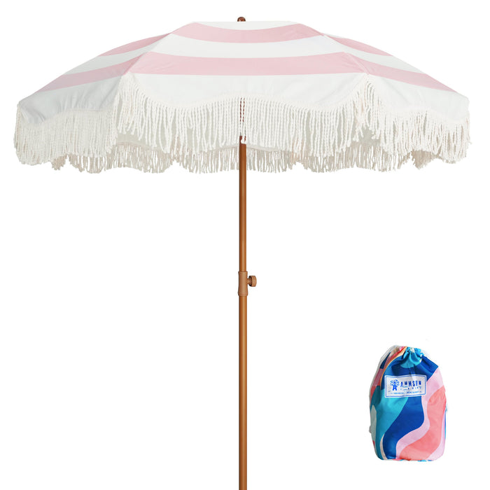 AMMSUN Boho Fringe Umbrella with Outdoor Blanket, 6.5ft UPF50+ Picnic Umbrella with Tassels with Steel Pole & Push Button Tilt, Pink Stripes