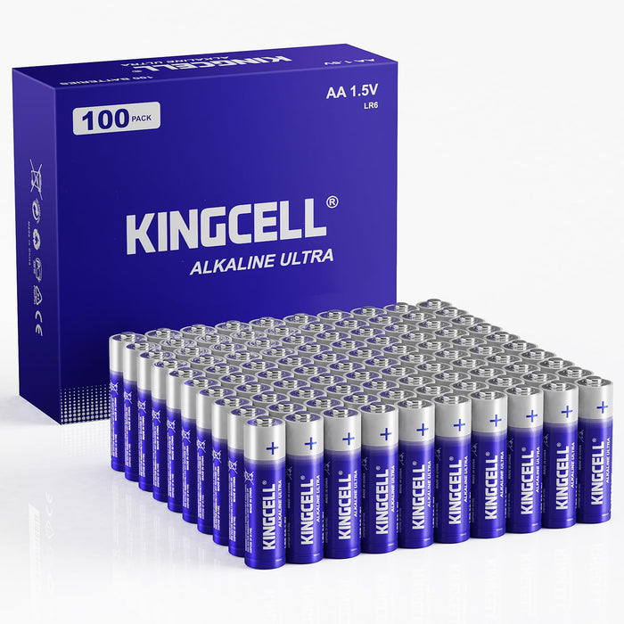 KINGCELL AA Batteries 100 Pack, High-Performance Alkaline Double A Batteries 10-Year Shelf Life, 1.5V AA batteries with Ultra Long-Lasting Perfect for Flashlights, Microphones, Remotes, Kids Toys.