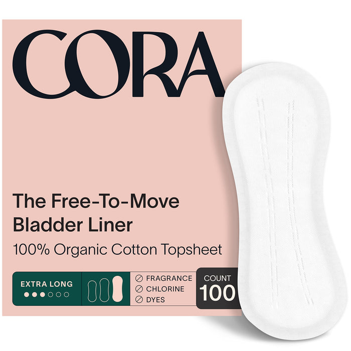 Cora Ultra Thin Organic Bladder Liners | Incontinence & Postpartum Pads for Women | Panty Liners for Bladder Leaks | Breathable Cotton (100 Extra Long Liners)