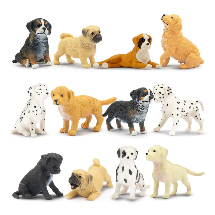 Toymany 12PCS Mini Dog Figurines Playset, Realistic Detailed Plastic Puppy Figures, Hand Painted Emulational Tiny Dogs Animals Toy Set, Cake Toppers Christmas Birthday Gift for Kids Toddlers