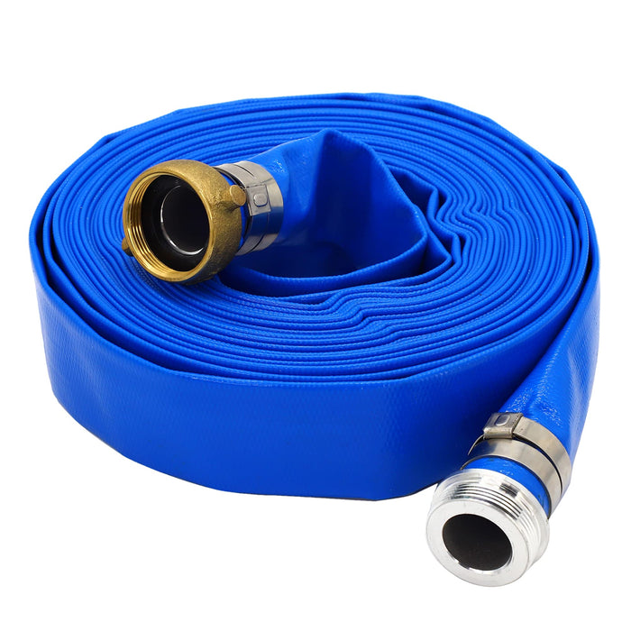 DAVCO 1" ID x 50 ft Pool Backwash Hose, Heavy Duty Reinforced Blue PVC Lay Flat Water Discharge Pump Hoses For Swimming Drain Pools and Clean Filters, With Aluminum Pin Lug Fittings