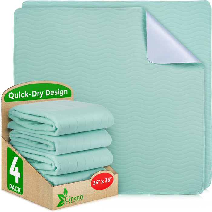 GREEN LIFESTYLE® Washable Underpads - Heavy Absorbency Reusable Bedwetting Incontinence Pads for Kids, Adults, Elderly, and Pets - Toddler Mattress Pads for Bed, Sofa, Floor (Pack of 4 - 34x36)