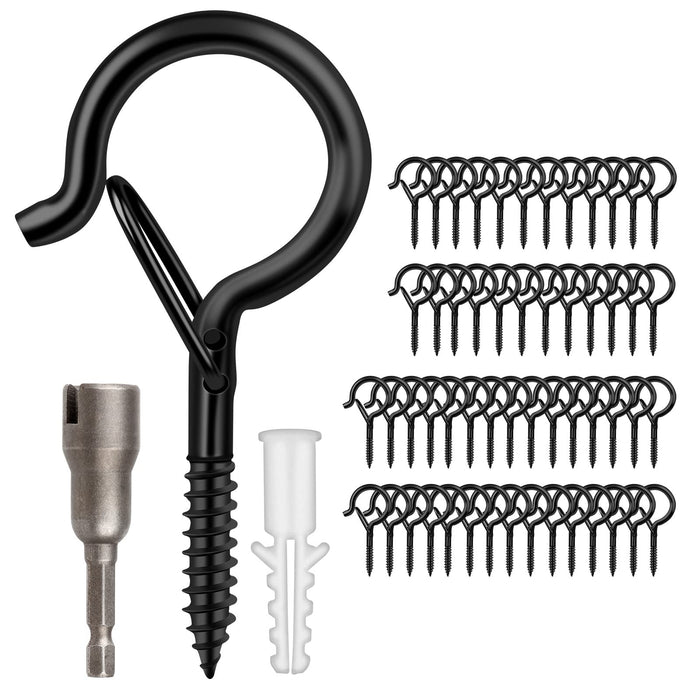 48 PCS Q-Hanger Hooks, Screw Hooks for Outdoor String Lights, Safety Buckle Design Cup Eye Hook for Hanging Christmas Lights, Plants, Wind Chimes, Mounted on Wall Ceiling, Include 1 Wing Nut Driver